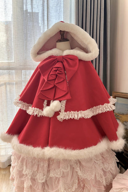 [Velvet Butterfly] Ruffle Bowknot Lace Hooded Sweet Lolita Dress Cloak Coat 4 Colors