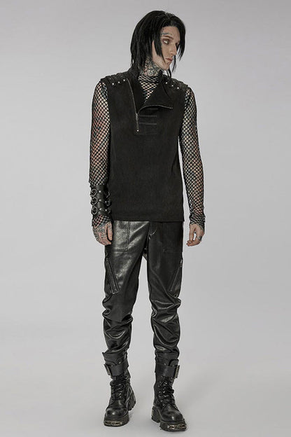 Black Punk Stand Collar Anterior Middle Asymmetry Design Zipper Shoulder Decorate Webbing Men's Vest