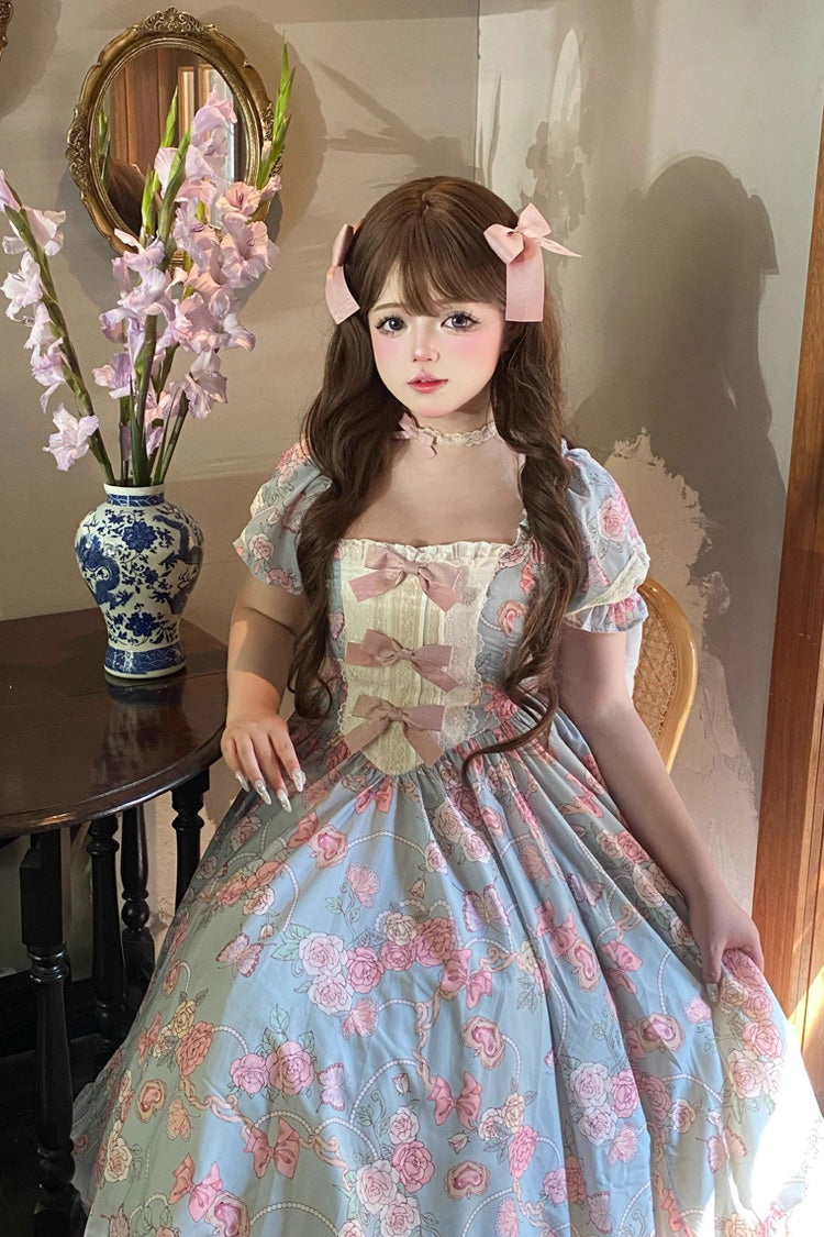 Blue Gem Rose Print Short Puff Sleeves Ruffle Bowknot Sweet Plus Size Lolita Dress