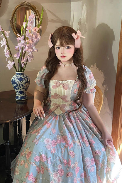 Blue Gem Rose Print Short Puff Sleeves Ruffle Bowknot Sweet Plus Size Lolita Dress
