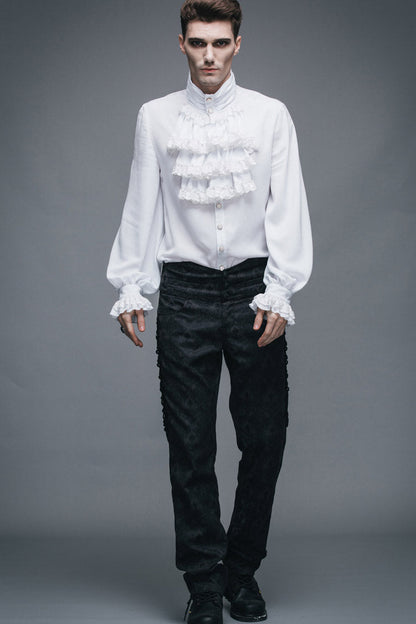 White Ruffled Lace Button-Up Micro-bullet Chiffon Long Sleeve Men's Gothic Shirt