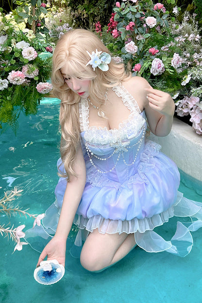 Blue [Starlight Jellyfish Princess] Halterneck Sleeveless Ruffle Lace Sweet Lolita Jsk Dress