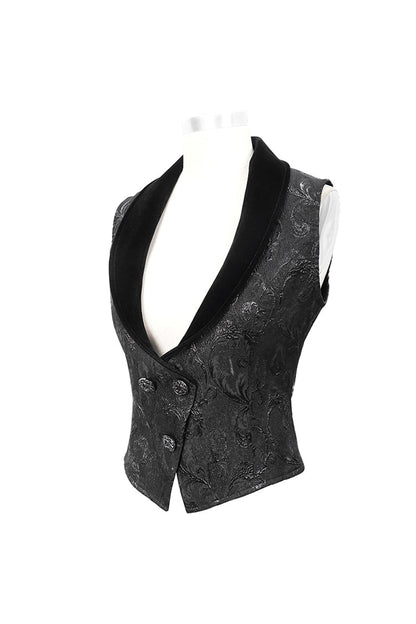 Black Velvet 3D Jacquard Low Collar Women's Gothic Waistcoat