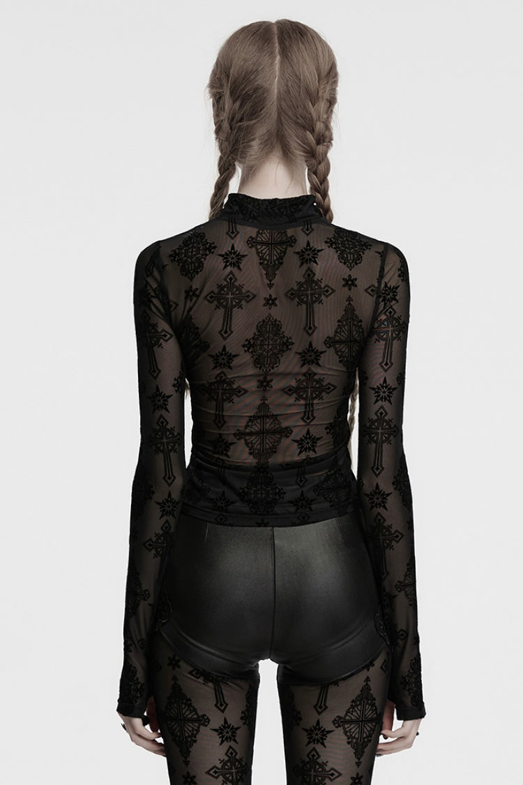 Black Stand Collar Long Sleeves Star Cross Embroidery Sheer Mesh Women's Gothic T-Shirt