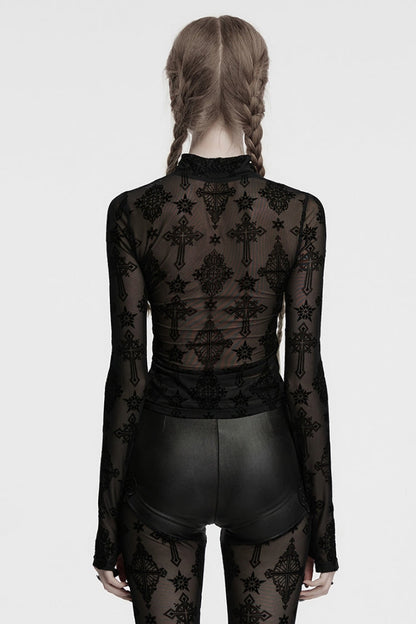 Black Stand Collar Long Sleeves Star Cross Embroidery Sheer Mesh Women's Gothic T-Shirt
