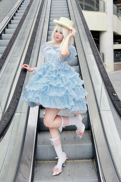 Blue Short Sleeves Multi-Layered Ruffle Hanayome Bowknot Lace Plus Size Sweet Lolita Dress