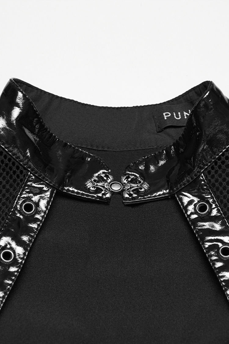 Black Stand Collar Short Sleeves Spliced Lace-Up Slim Mesh Buckled Women's Punk Handsome Dress