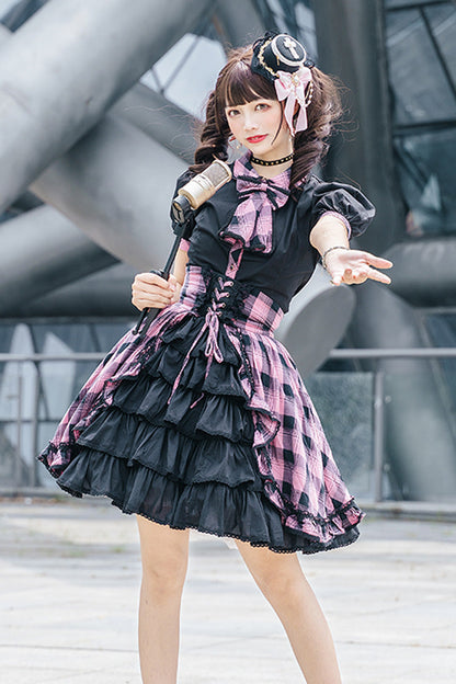 Black/Purple Short Sleeves Multi-Layered Print Ruffle Cardigan Bowknot Asymmetric Sweet Lolita Skirt Set