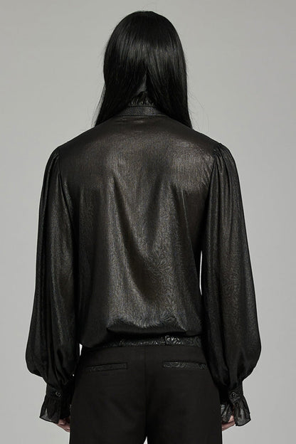 Black Stand Collar Jacquard Ruffle Men's Gothic Blouse