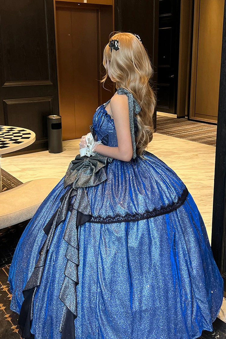 Blue [Galaxy of Fallen Tears] Sleeveless Glitter Series Ruffled Bow Asymmetric Sweet Lolita Jsk Dress