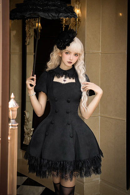 Black [Midnight Whisper] Double-breasted Short Sleeves Hollow Gothic Lolita Dress