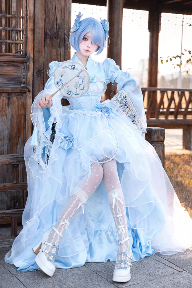 Blue Sleeveless Ruffle Hanayome Bowknot Lace Sweet Plus Size Lolita Jsk Dress 2 Versions