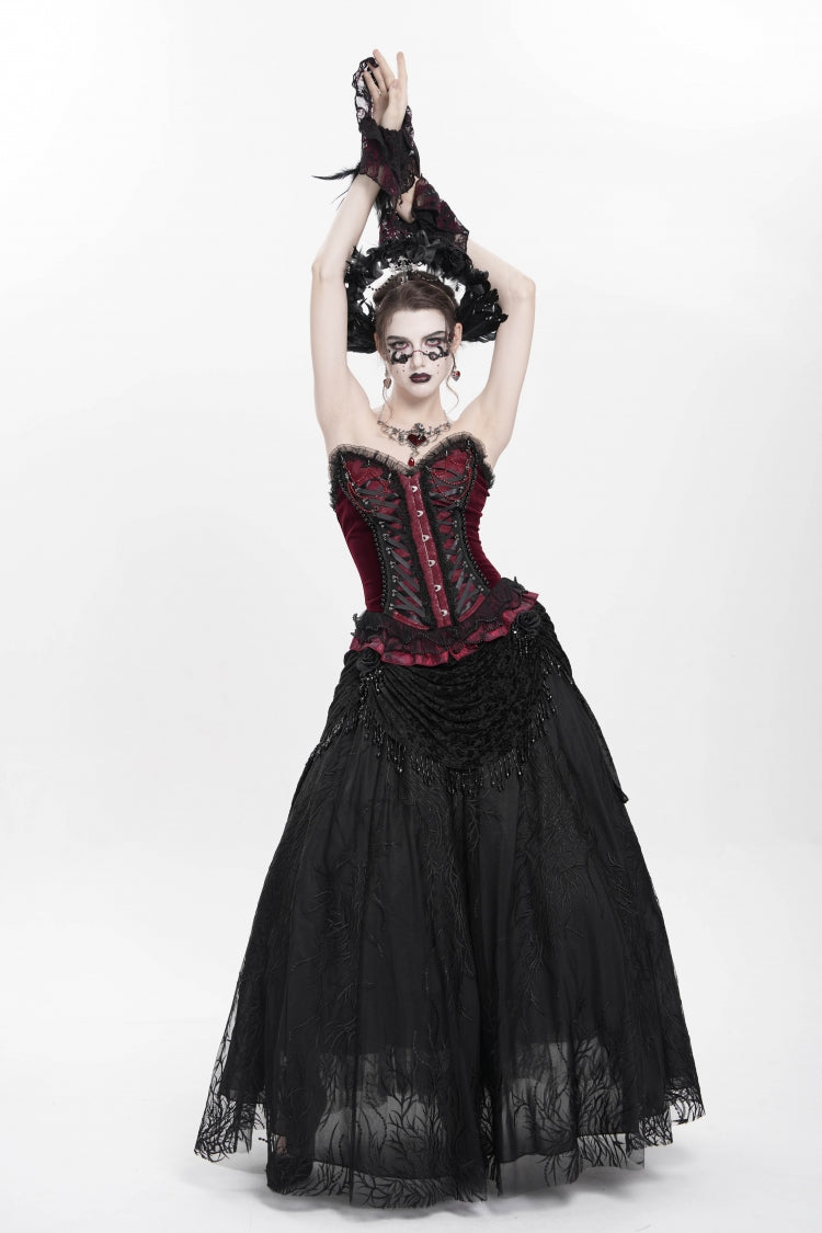 Red Sleeveless Beaded Lace Lace-Up Women's Gothic Overbust Corset
