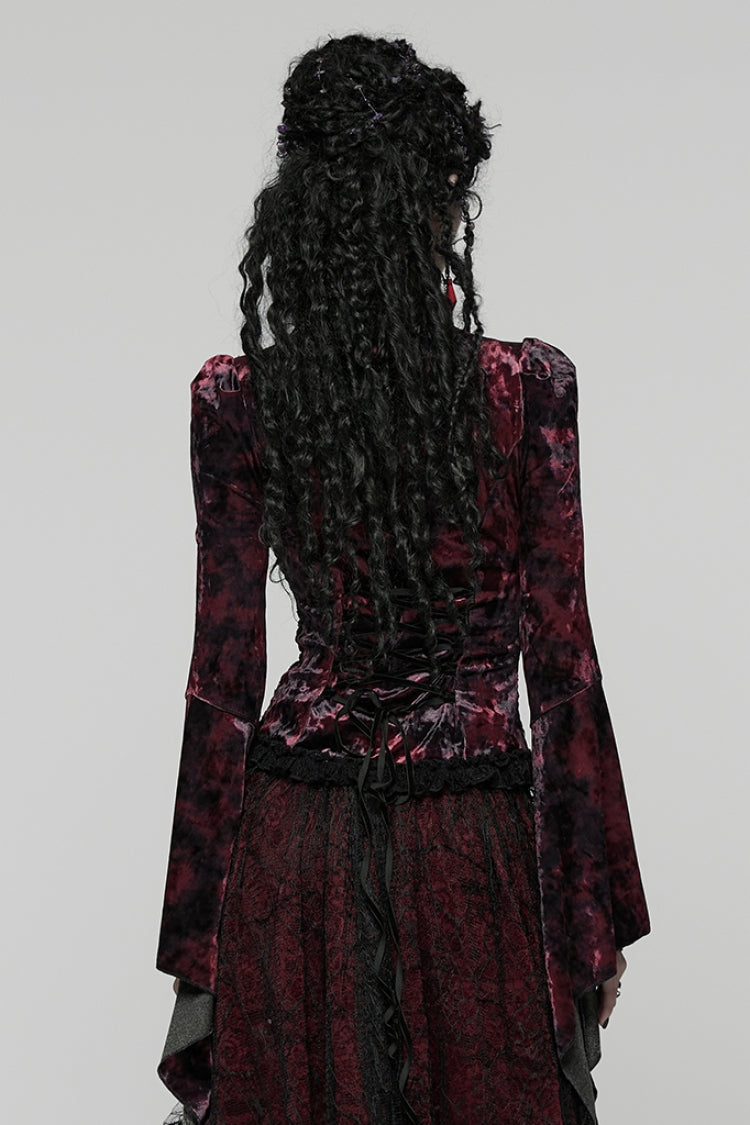 Black/Red Long Trumpet Sleeves Spliced Lace Lace-Up Women's Gothic Blouse