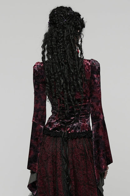 Black/Red Long Trumpet Sleeves Spliced Lace Lace-Up Women's Gothic Blouse