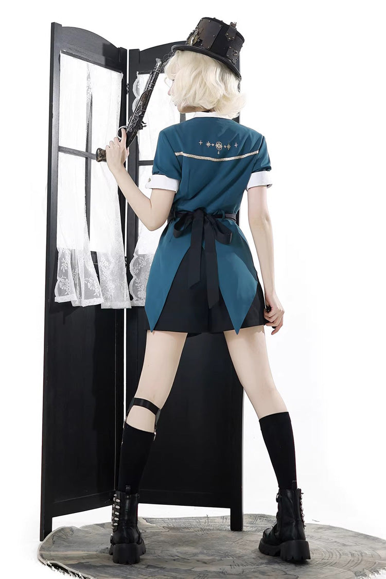 Black/Green [Anlexia Bookstore] Square Collar Short Sleeves Embroidered Studded Gothic College Style Prince Handsome Ouji Lolita Set
