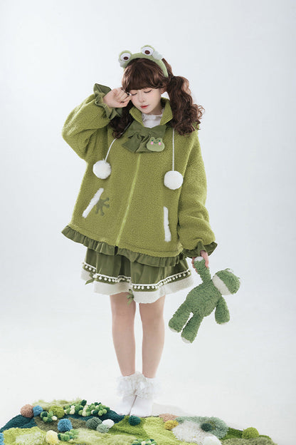 Green [Frog] Long Sleeves Bowknot Hooded Sweet Lolita Coat