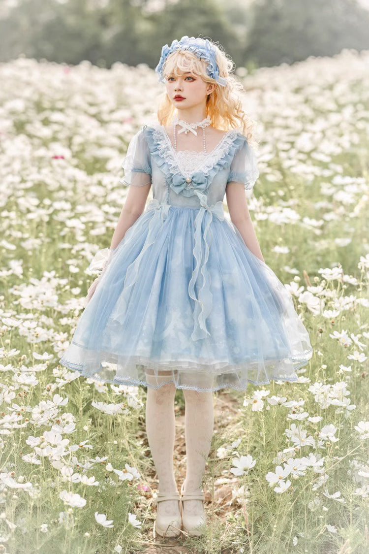 Blue High Waisted Planet Butterfly Print Ruffle Lace Sweet Lolita Dress