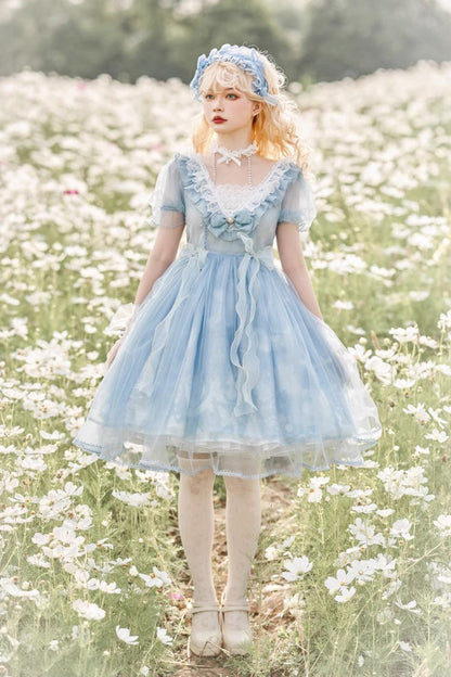 Blue High Waisted Planet Butterfly Print Ruffle Lace Sweet Lolita Dress