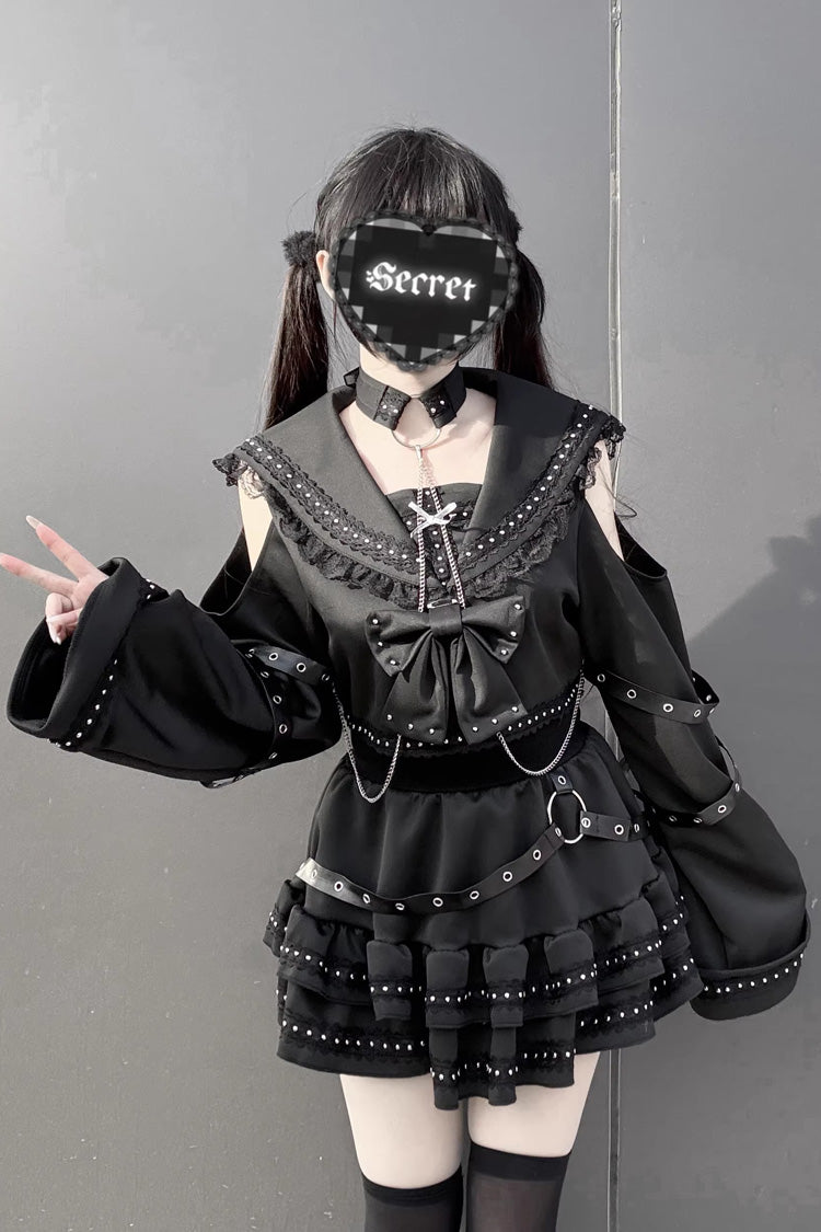 Black [Serpent Devour] Navy Collar Long Sleeves Ruffled Bow Studded Gothic Jirai Kei Top and Skirt Set