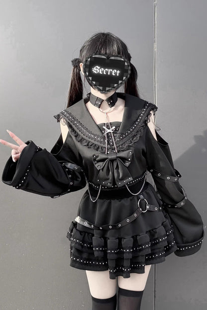 Black [Serpent Devour] Navy Collar Long Sleeves Ruffled Bow Studded Gothic Jirai Kei Top and Skirt Set