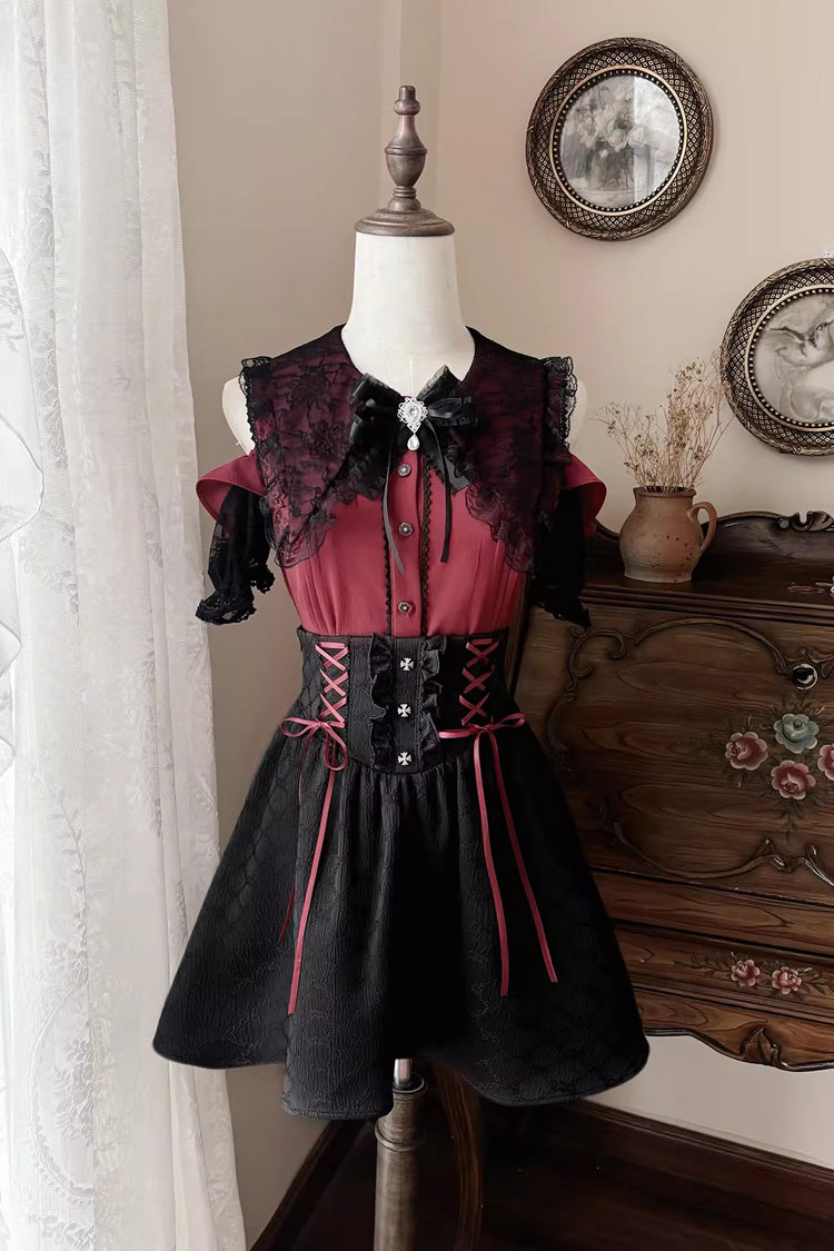 Black/Red [Overture to the Dead] Off Shoulder Short Sleeves Ruffle Bowknot Lace-Up Gothic Jirai Kei Japanese Skirt Set