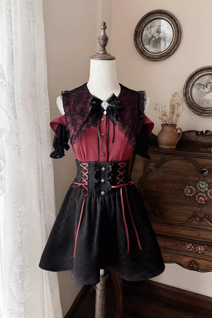 Black/Red [Overture to the Dead] Off Shoulder Short Sleeves Ruffle Bowknot Lace-Up Gothic Jirai Kei Japanese Skirt Set
