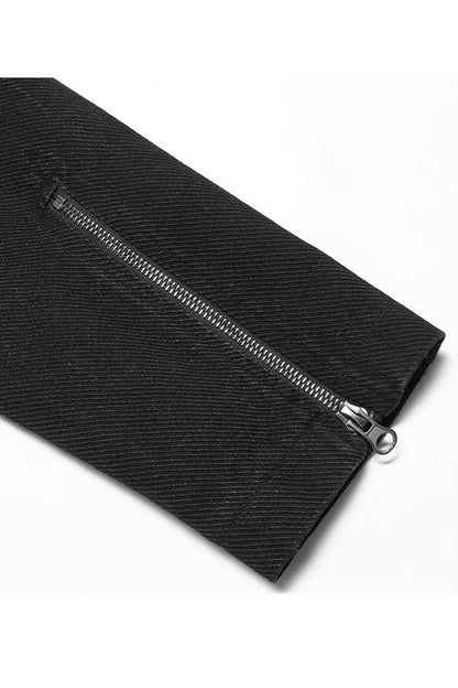 Black Punk Washed Aged Texture Rough Grain Splicing Mesh Metal Buttonholes Zipper Trim Long Sleeve Men's Coat