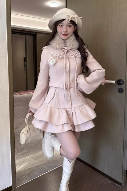 Pink [Berry Champagne] Doll Collar Long Sleeves Double-Layered Ruffled Sweet Princess Lolita Wool-blend Coat