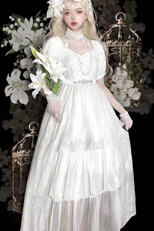 White Square Collar Short Sleeves Subtle Rose Printed Embroidered Bow Sweet Elegant Lolita Dress