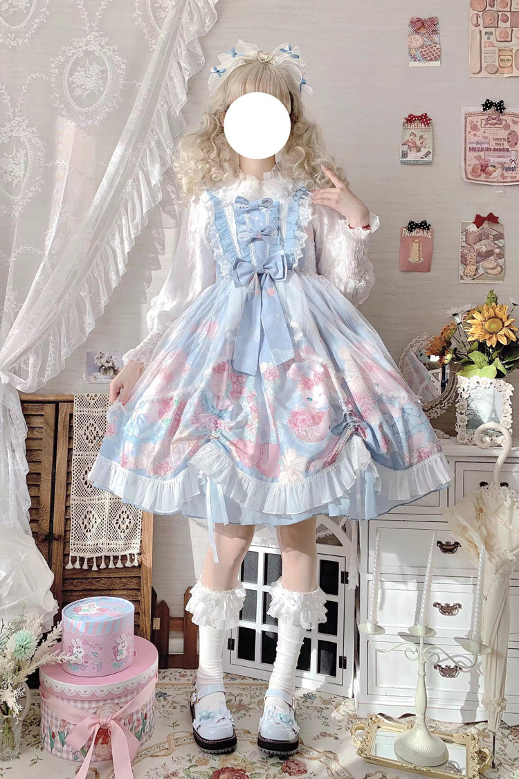 Blue Sleeveless High Waisted Rabbit Print Ruffle Bowknot Sweet Lolita Jsk Dress