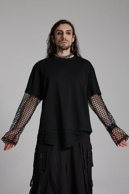 Black Round Collar Long Sleeves Mesh Ripped Men's Punk T-Shirt