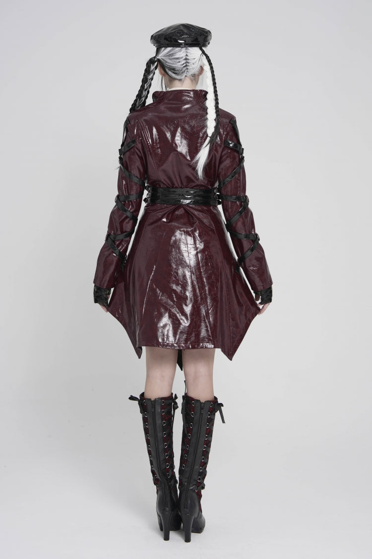 Red Lapel Collar Long Sleeves Lace-Up Irregular Eyelets & Rings Women's Punk Coat