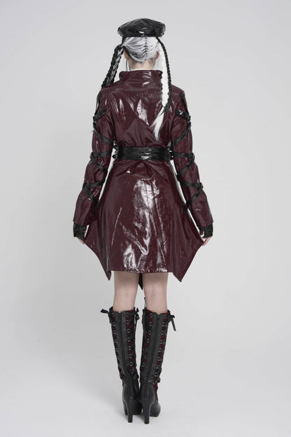 Red Lapel Collar Long Sleeves Lace-Up Irregular Eyelets & Rings Women's Punk Coat