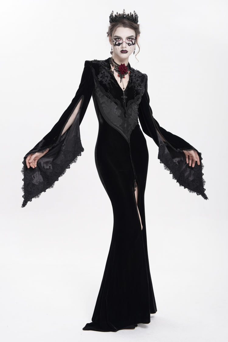 Black V Collar Long Trumpet Sleeves Floral Embroidered Velvet Women's Gothic Dress