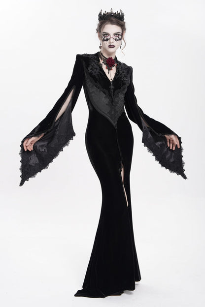 Black V Collar Long Trumpet Sleeves Floral Embroidered Velvet Women's Gothic Dress