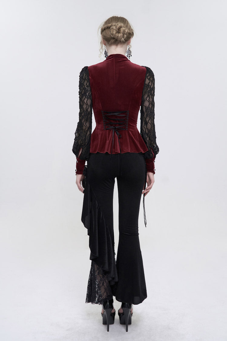 Red Velvet High Neck Lace Fake Bra Design Splicing Three-Dimensional Butterfly Mesh Women's Gothic Shirt