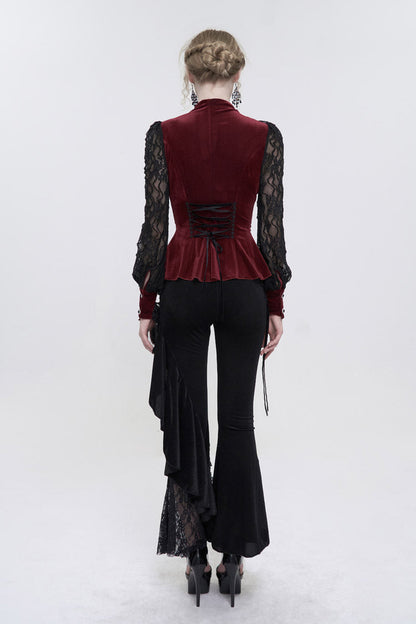 Red Velvet High Neck Lace Fake Bra Design Splicing Three-Dimensional Butterfly Mesh Women's Gothic Shirt