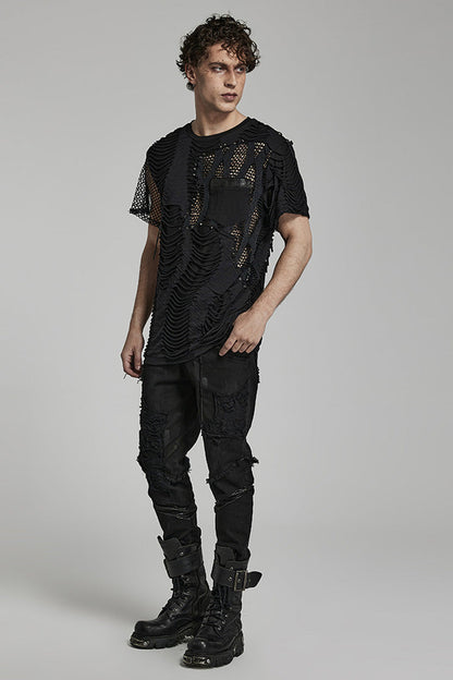 Black Short Sleeves Stitching Mesh Ripped Men's Punk T-Shirt