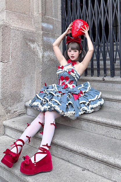 Blue [Milk Rabbit Theater] Halterneck Sleeveless Triple-Layered Ruffle Bowknot Lace-Up Sweet Lolita Jsk Dress