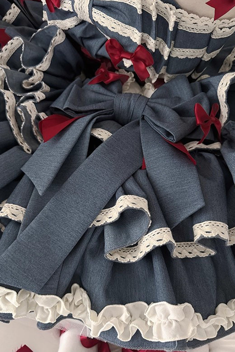 Blue [Milk Rabbit Theater] Halterneck Sleeveless Triple-Layered Ruffle Bowknot Lace-Up Sweet Lolita Jsk Dress
