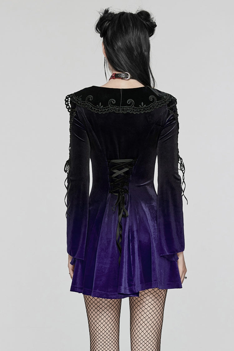 Black/Velvet Doll Collar Long Sleeves Gradient Embroidery Women's Gothic Prom Dress
