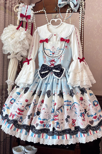 Blue [Mystery Rabbit Tea Party] Sleeveless Print Ruffle Bowknot Lace Sweet Lolita Jsk Dress