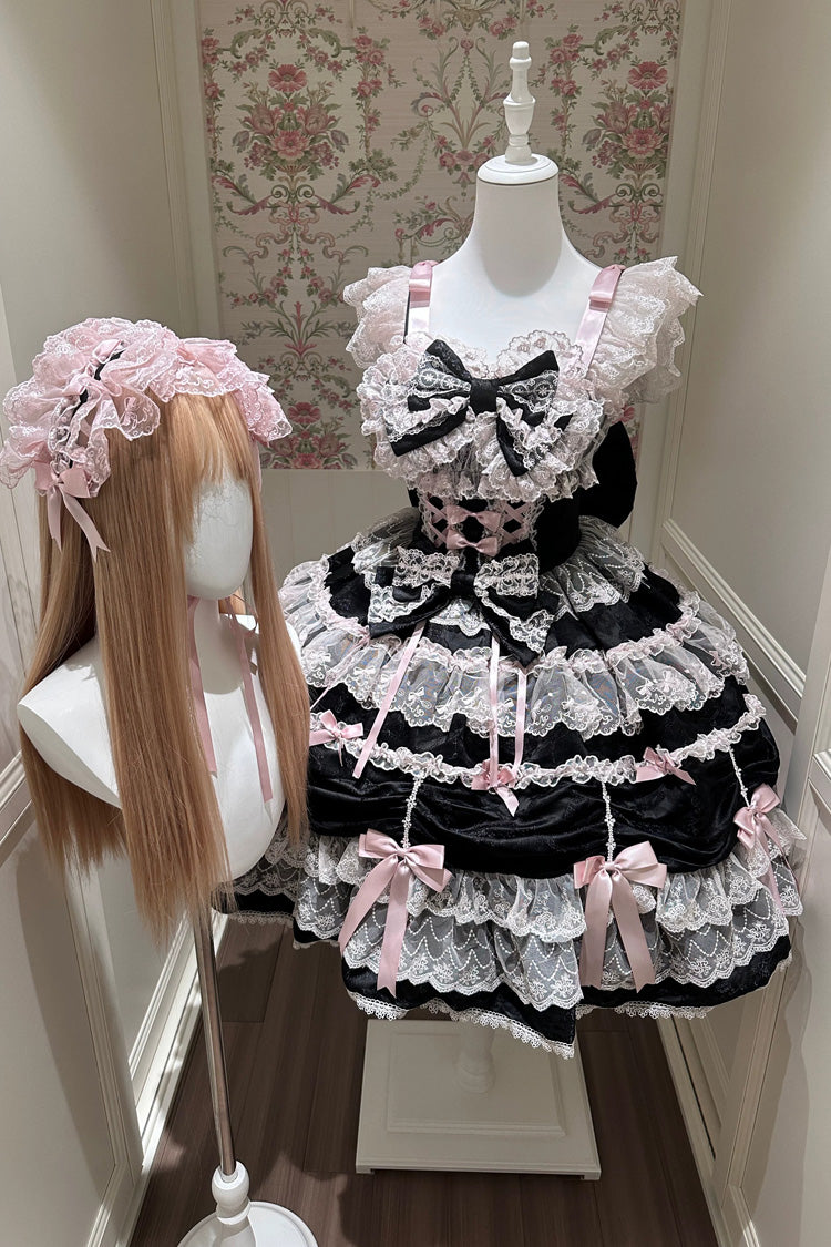 Black/Pink [Silk Satin Gift Box] Square Collar Sleeveless Multi-Layered Ruffled Bow Lace Sweet Lolita Jsk Dress