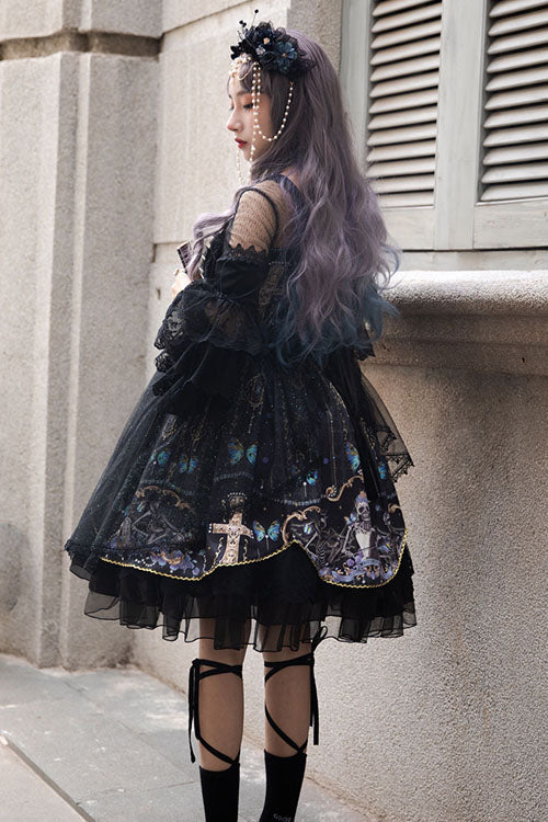 Black Square Collar Cemetery Butterfly Skull Print Lace Lantern Sleeves Multi-Layer Ruffled Gothic Lolita OP Dress
