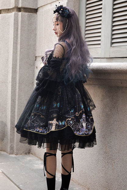 Black Square Collar Cemetery Butterfly Skull Print Lace Lantern Sleeves Multi-Layer Ruffled Gothic Lolita OP Dress
