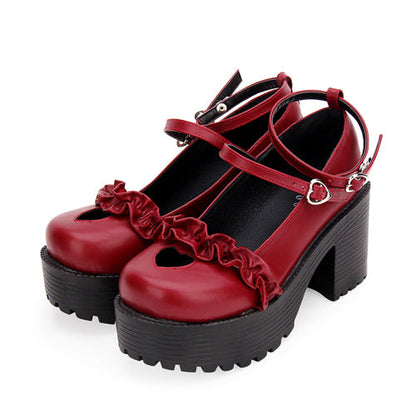 Round Toe Hollow Out Heart Shape Ruffle School Sweet Lolita Shoes