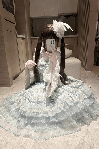 Blue [Sweetheart Diary] Multi-Layered Ruffle Hanayome Embroidery Bowknot Lace Sweet Lolita Jsk Dress
