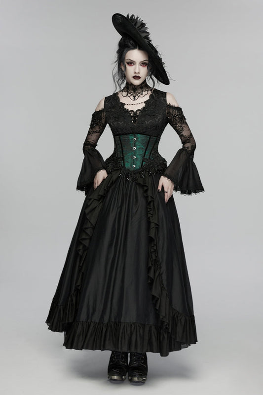 Black V Collar Long Trumpet Sleeves Double-Layered Hanayome Cut-Out Embroidered Lace Lace-Up Pearl-Decorated Pleated Women's Gothic Gorgeous Palace Dress