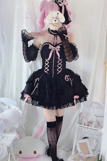 Black/Pink Tube Top Sleeveless Ruffle Bowknot Gothic Lolita Jsk Tiered Dress